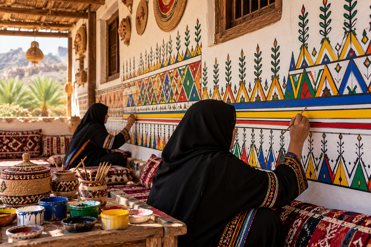 تفاصيل الزخارف والألوان الهندسية التقليدية.