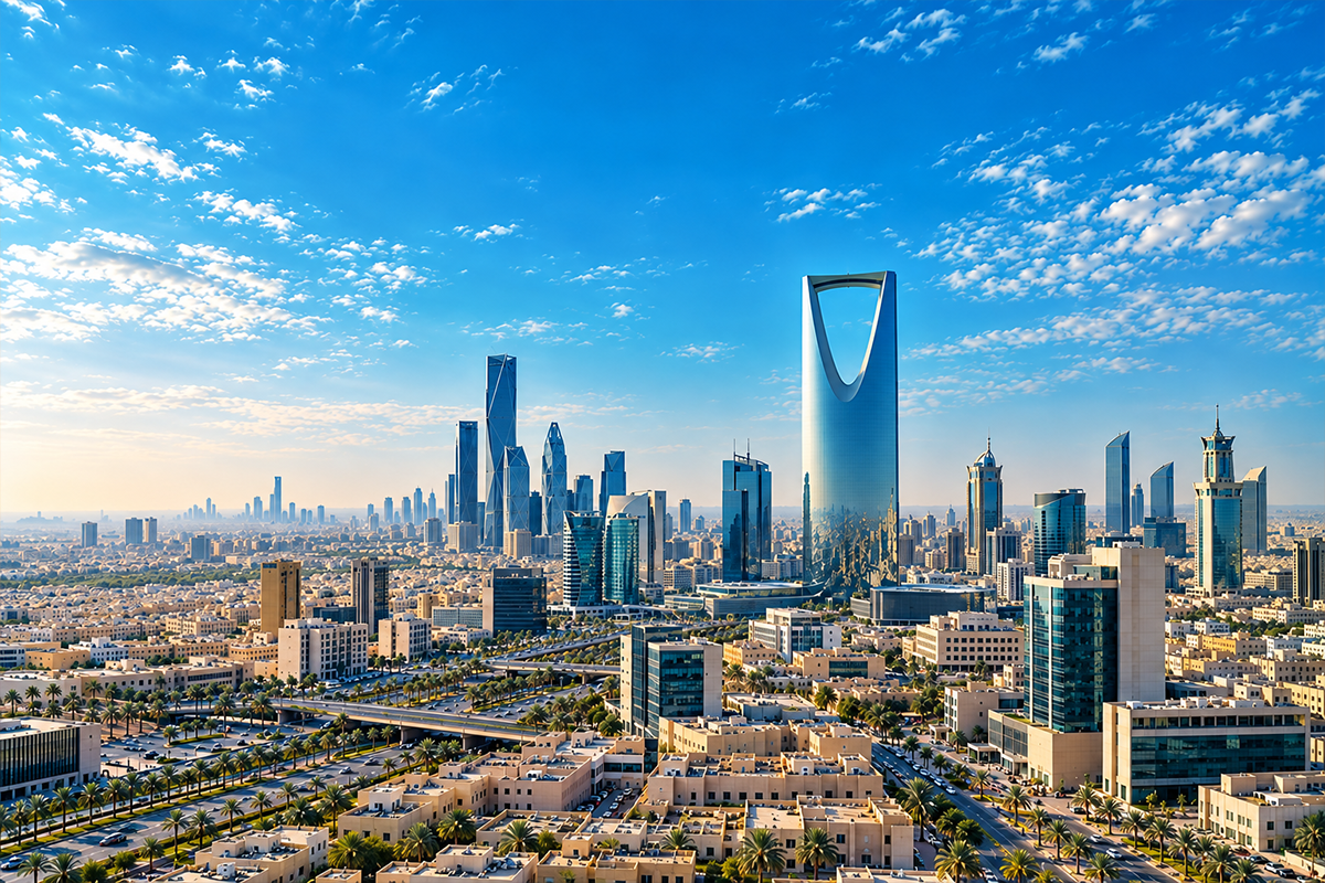 بانوراما لمدينة الرياض تجمع ناطحات السحاب مع أفق المدينة.