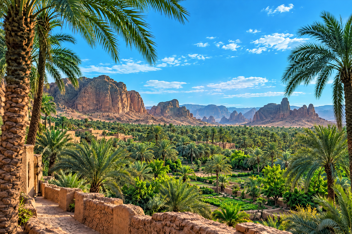 أشجار النخيل والمساحات الخضراء في الواحة.