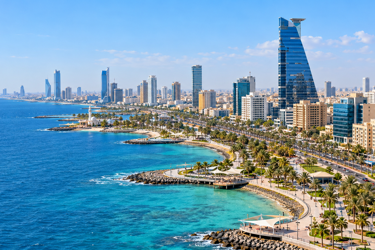 منظر بانورامي لجدة يجمع بين المدينة والبحر الأحمر.